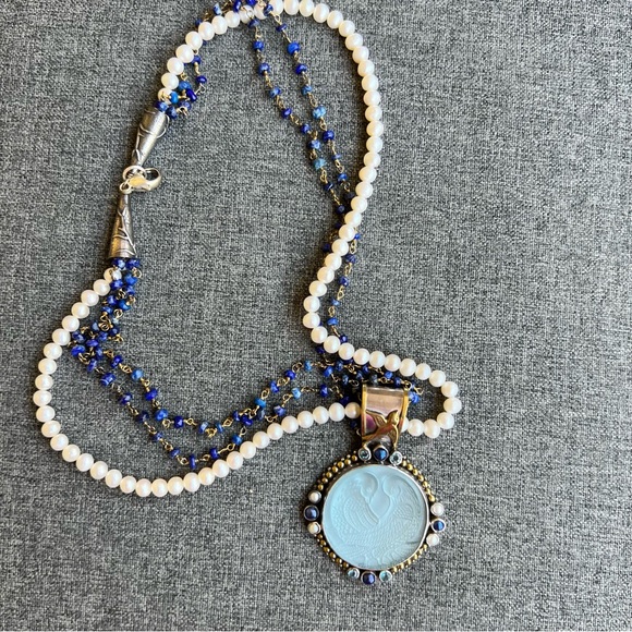 MARS & VALENTINE Sterling, Pearl, and double-Strand Lapis Necklace  Wing Pendant - Picture 1 of 6
